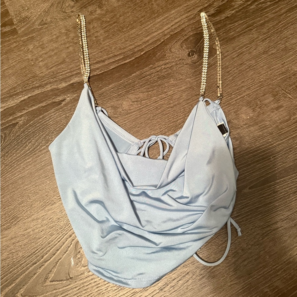 Windsor Sky Blue Cowl Neck Top with Chain Details